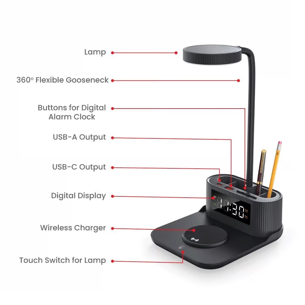 Desk Lamp with 15W Wireless Charger, Clock and Pen Holder - Image 5