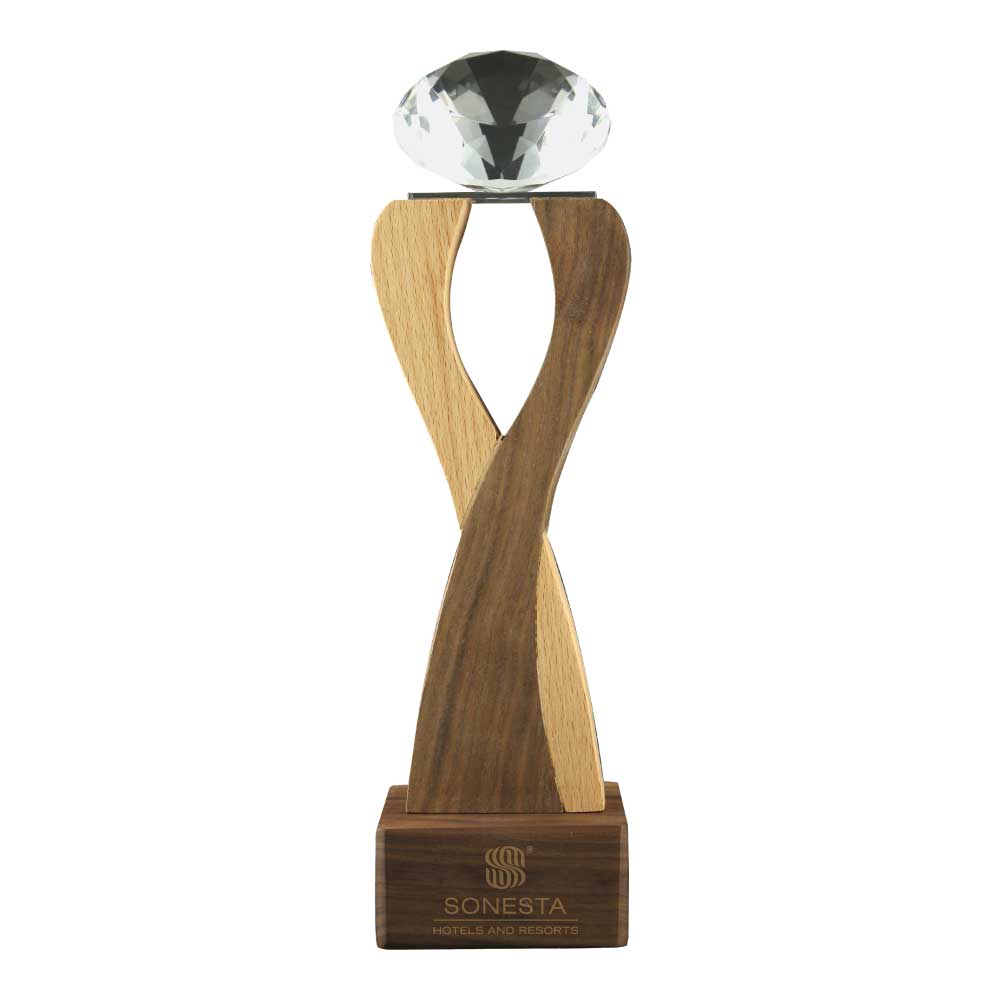 Wooden Trophy with Diamond shape Crystal on Top - Image 2