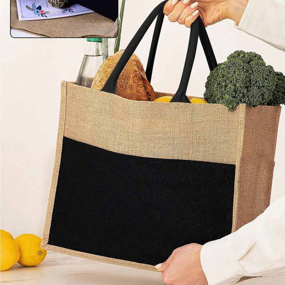 Jute Bag with Black Cotton Pocket and Handle - Image 4