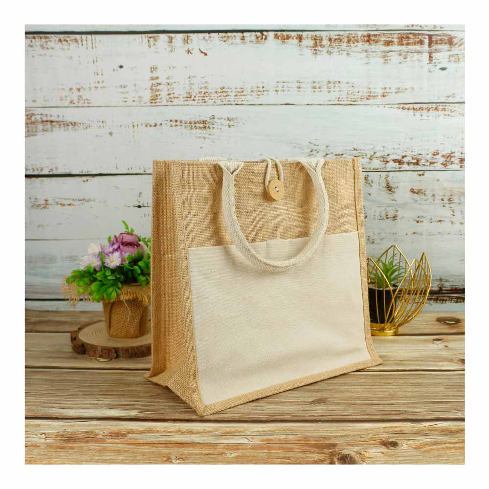 Eco-Friendly Jute Bags with Front Cotton Pocket & Button Closure - Image 5