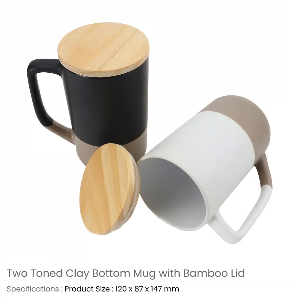 Two-toned Ceramic Mugs with Clay Bottom, Bamboo Lid