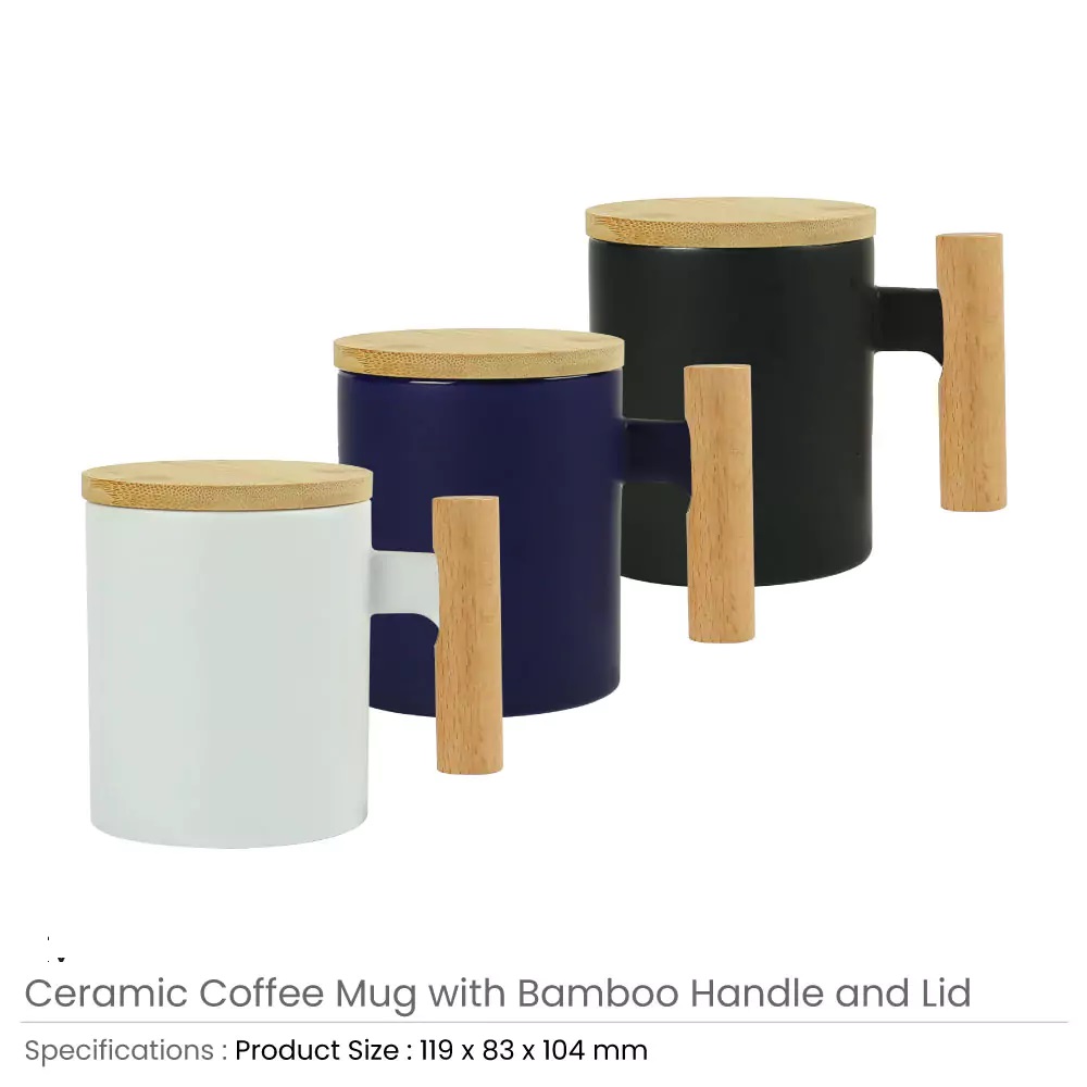 Ceramic Coffee Mugs with Bamboo Handle and Lid 380ml