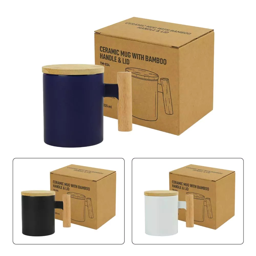 Ceramic Coffee Mugs with Bamboo Handle and Lid 380ml - Image 6