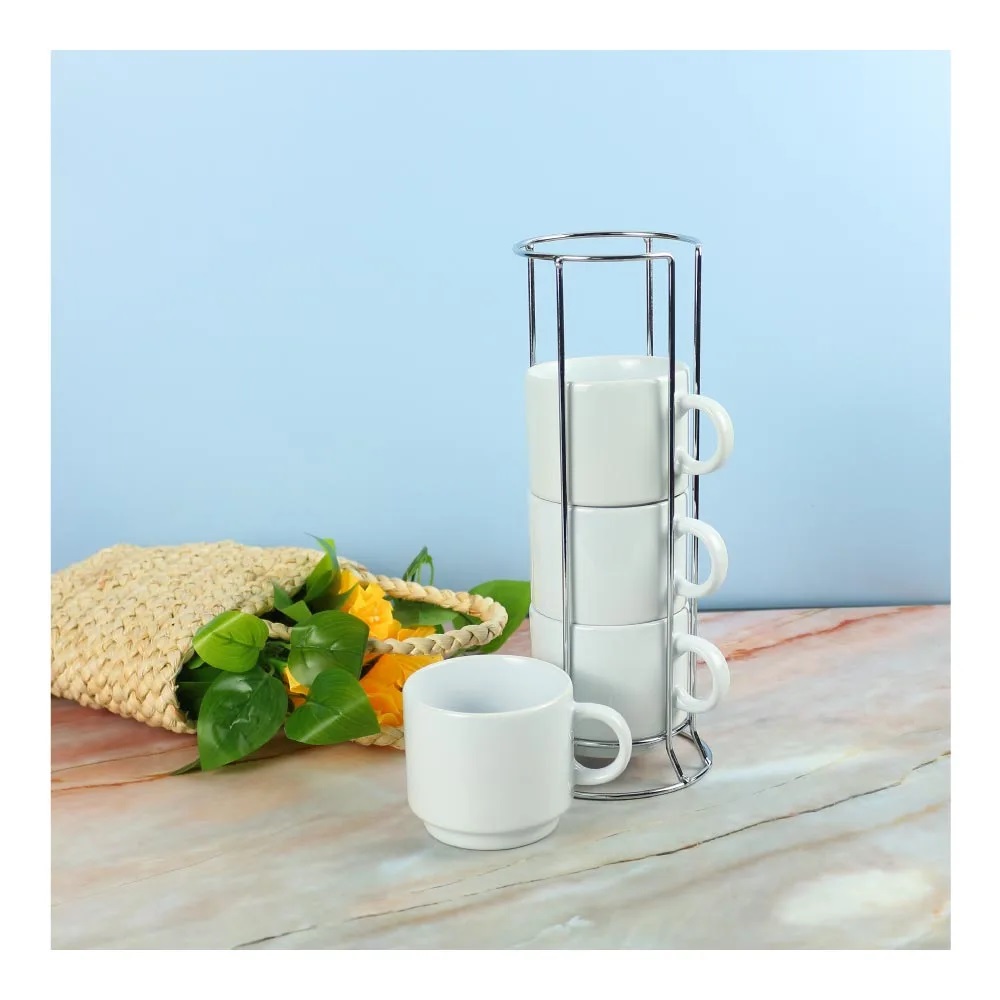 Ceramic Coffee Cups Set 4Pcs in Silver Metal Rack - Image 4