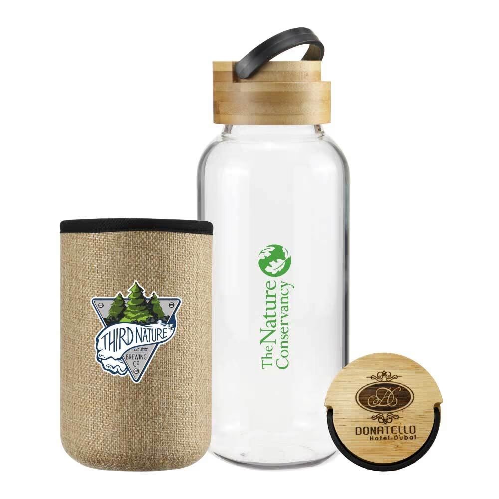 Glass Bottles with Bamboo Lid and Eco Sleeve, 1 liter - Image 3