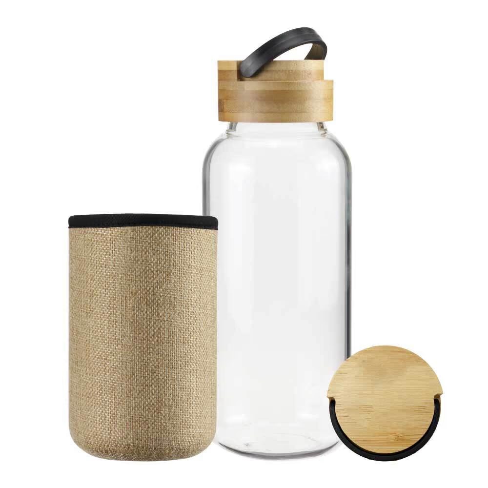 Glass Bottles with Bamboo Lid and Eco Sleeve, 1 liter - Image 2