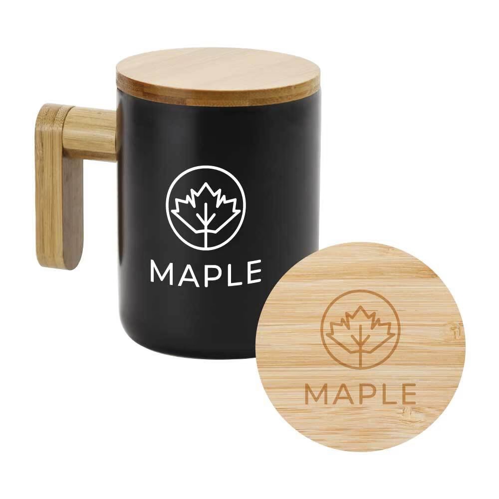 Black Ceramic Coffee Mugs with Bamboo Handle and Lid - Image 2
