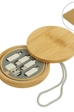 Multi-Charging Cable Set in Round Bamboo Case