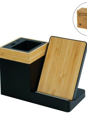 Bamboo Pen Holder with 15W Wireless Charger & LED Logo