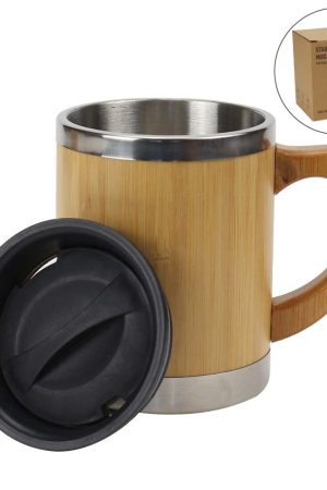 Bamboo & Stainless Steel Coffee Travel Mug with Handle and Lid