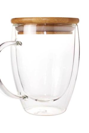 Double Wall Clear Glass Mug with Bamboo Lid