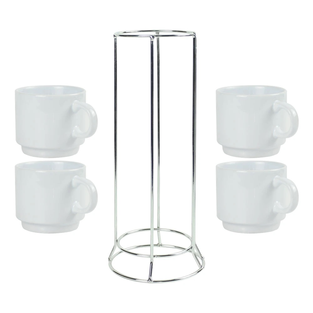 Ceramic Coffee Cups Set 4Pcs in Silver Metal Rack - Image 2