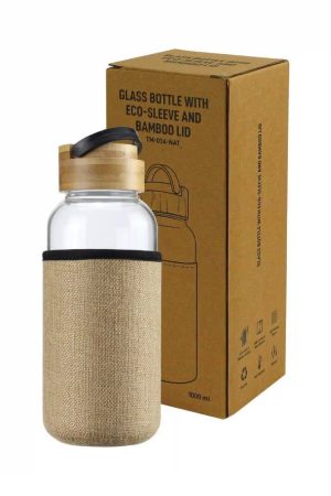 Glass Bottles with Bamboo Lid and Eco Sleeve, 1 liter
