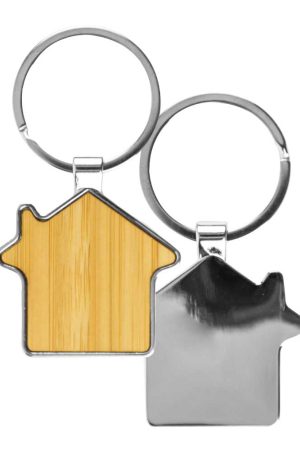 Bamboo and Metal Keychain House Shaped 32mm