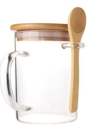 Clear Glass Mug with Bamboo Lid and Spoon