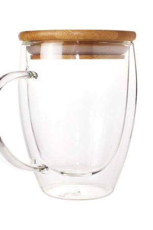 Double Wall Clear Glass Mug with Bamboo Lid