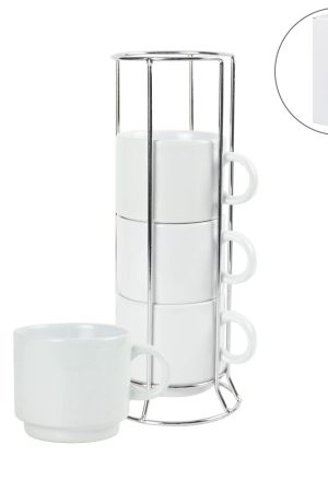 Ceramic Coffee Cups Set 4Pcs in Silver Metal Rack