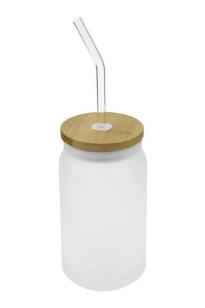 Glass Bottle with Straw and Bamboo Lid 455 ml Capacity