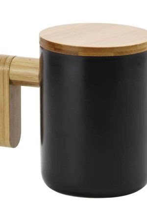 Black Ceramic Coffee Mugs with Bamboo Handle and Lid