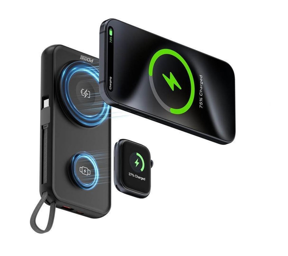 ROTTERDAM - @memorii 10,000mAh Universal Wireless Powerbank with inbuilt cables - Black - Image 3