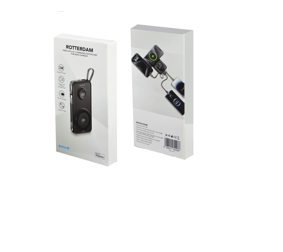 ROTTERDAM - @memorii 10,000mAh Universal Wireless Powerbank with inbuilt cables - Black - Image 6