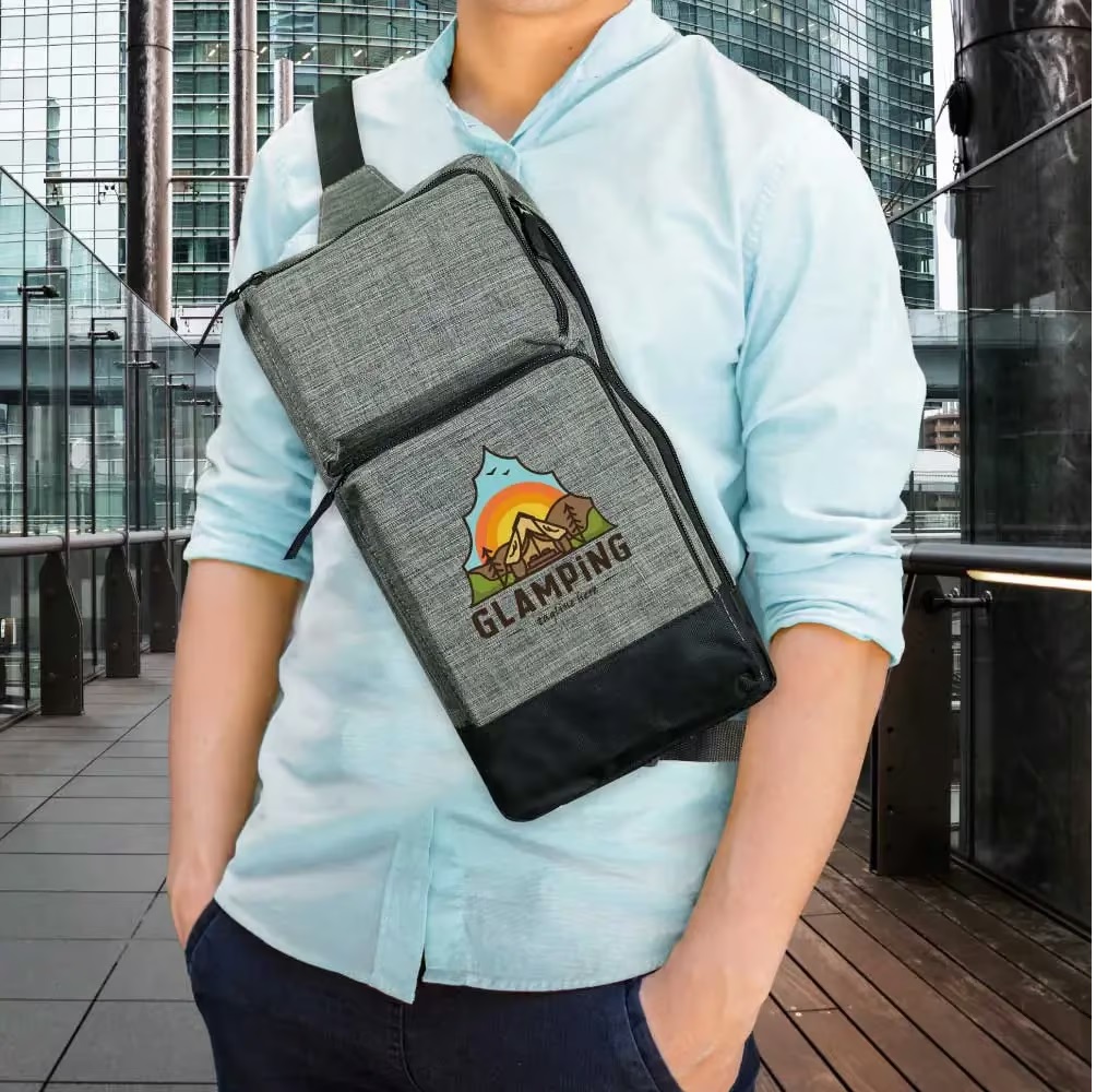 Sling Crossbody Bags in Grey and Black Polyester Material - Image 2
