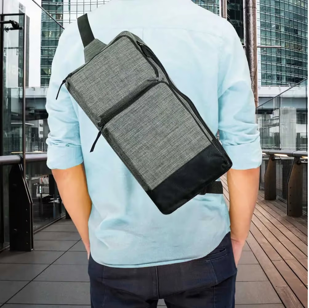 Sling Crossbody Bags in Grey and Black Polyester Material - Image 6