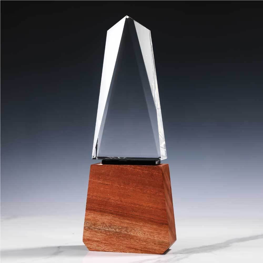 Tower Shaped Crystal Awards with Wooden Base - Image 3