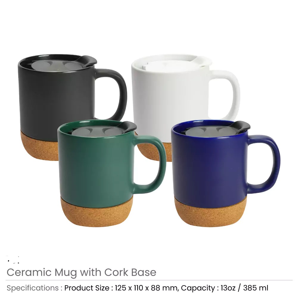 Ceramic Mugs with Lid and Cork Base 385 ml